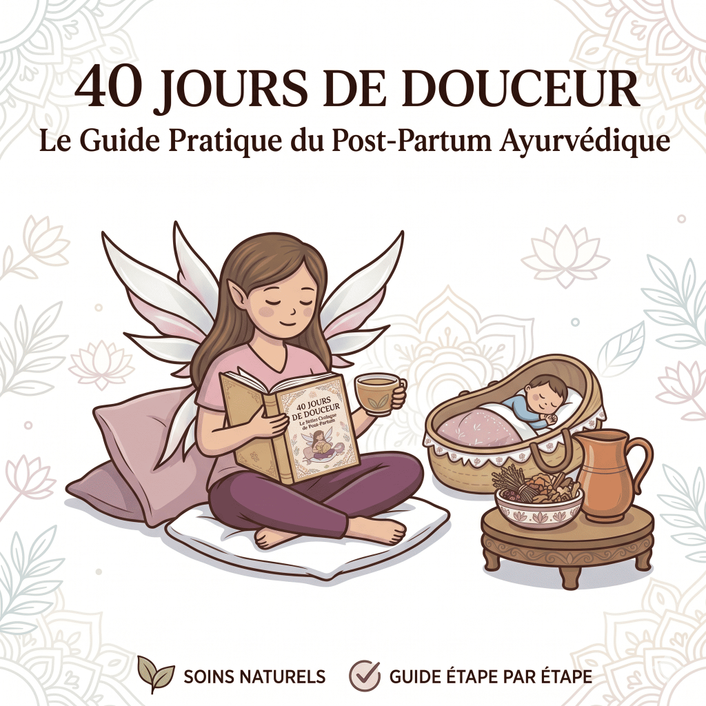 La fée védique avec son bébé qui lit le guide pratique du post-partum ayurvedique